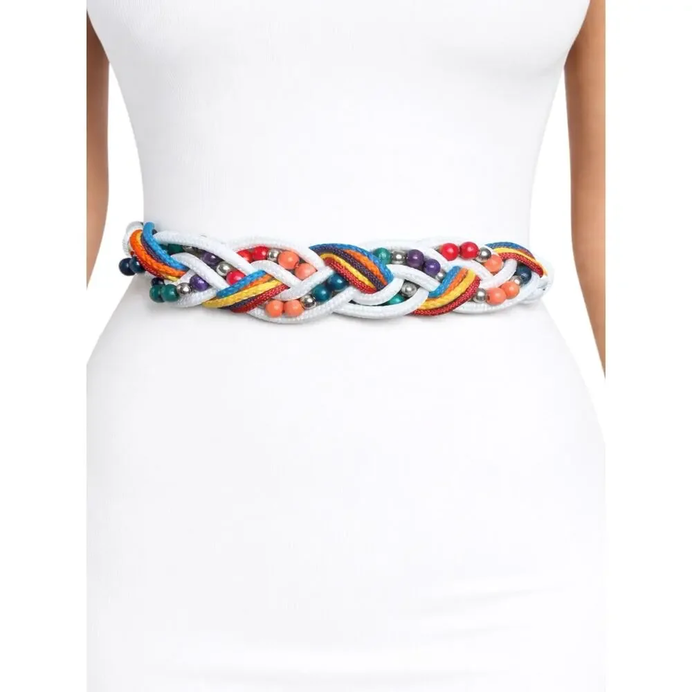 Vintage Bungee Colorful Woven Rope Beaded Belt Hook Closure Boho Statement
